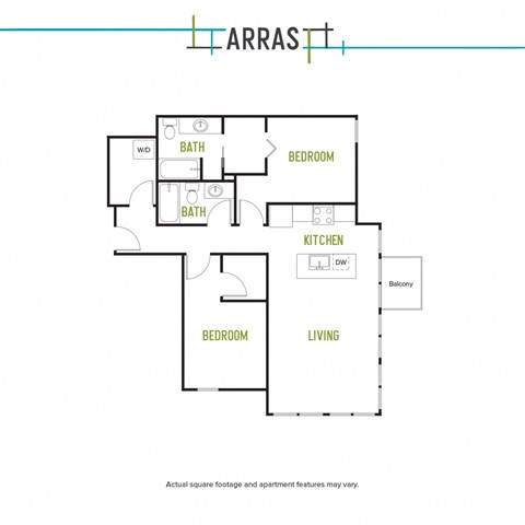 Floor plan for 2 beds, 2 baths, 1078 sqft